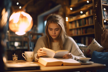 Young student girl with book in college library