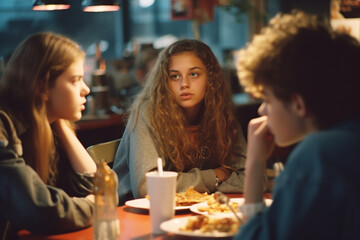 Teenagers in cafe talking about something