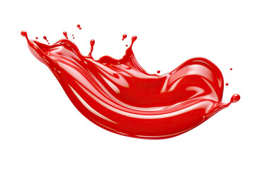 Red Ketchup or tomato sauce splash on the air with little catsup blobs isolated on clear png background, wave swirl of tomato ketchup, sauce liquid flowing wavy form.