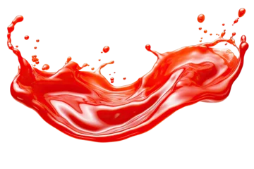 Foto op Canvas Red Ketchup or tomato sauce splash on the air with little catsup blobs isolated on clear png background, wave swirl of tomato ketchup, sauce liquid flowing wavy form. © TANATPON