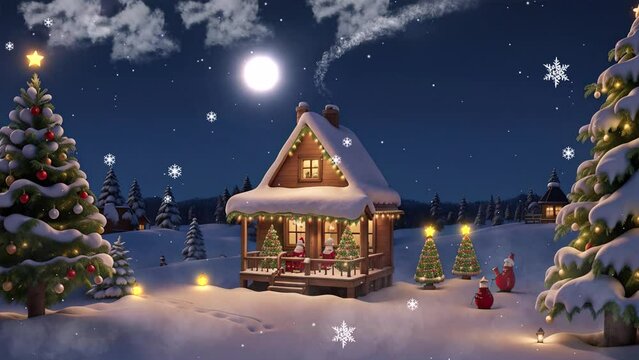 christmas tree and house in moonlight