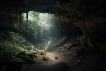 Eerie subterranean mystical cave. Generative AI - obrazy, fototapety, plakaty