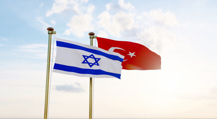 Turkey and Israel flags waving together on blue sky. 