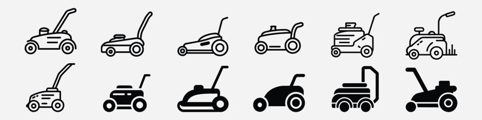 Naklejka premium Lawn Mowers icon, Lawn Mower Machine Icon Outline Vector, lawn mower Icon, Various types of lawn mowers, gardening grass-cutter. Lawn mower machine. Farm lawnmowers logo, riding garden tractor 