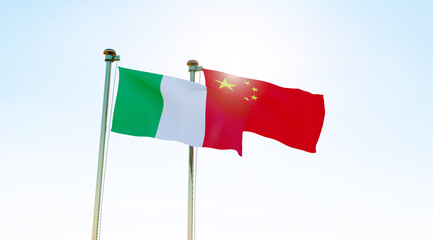 Italy and China flags waving together on blue sky. 4K ULTRA HD. 