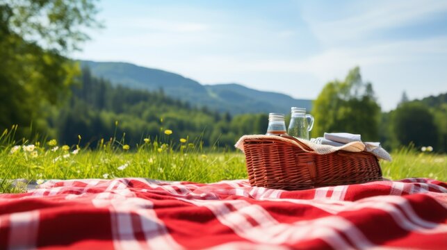 Picnic blanket and basket set on a scenic meadow.
