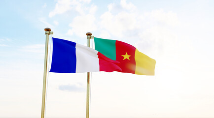 Cameroon and France flags waving against a blue sky. 4K ULTRA HD. 