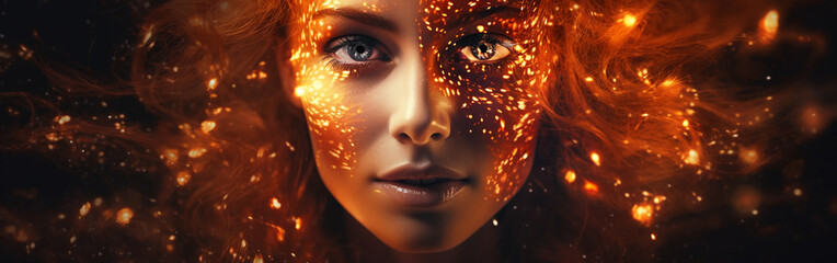 close-up of a girl's face in fiery sparkles with her hair flowing, fantastic, space banner for a glamorous party, music festival, DJ, on a dark background