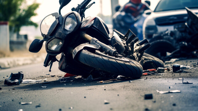 The motorcycle lies on the sidewalk after a road trip. Severe accident. Accident, close-up. AI Generated