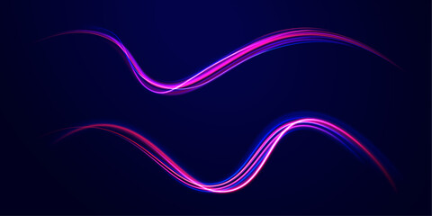 Neon light effect on a winding street. Speed light streaks vector background with blurred fast moving light effect, blue purple colors on black.