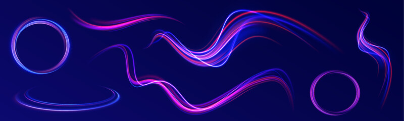 Light trail wave, fire path trace line, car lights, optic fiber and incandescence curve twirl. Vector illustration of high speed light effect on blue background. 