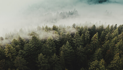illustrazione con vista dall'alto di una foresta di conifere avvolta nella nebbia - obrazy, fototapety, plakaty