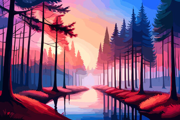Pine forest and lake at sunset, Nature landscape, hue vibe, outdoor park, vector illustration, generative ai
