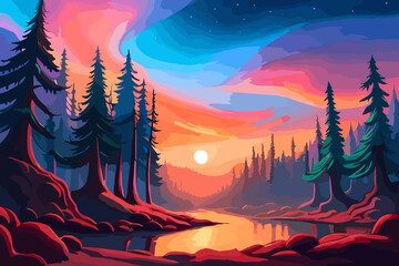 Fantasy landscape with river and forest at sunset. Vector illustration, beautiful pine tree forest, generative ai