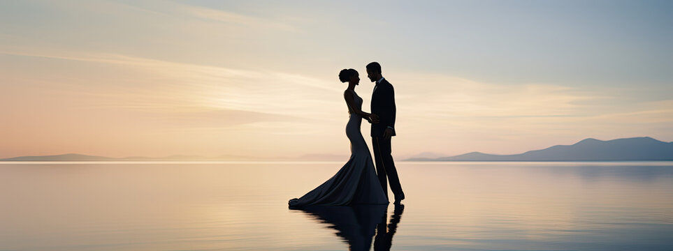 photo shooting of a married couple in wedding attire at sunset in a calm stretch of water, silhouette of a perfect couple in a panoramic view, panorama love banner