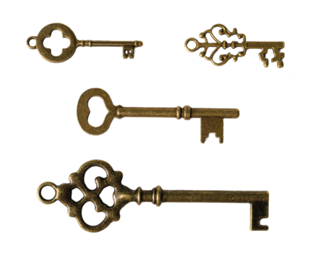 Antique bronze keys, isolated on white or transparent background.
