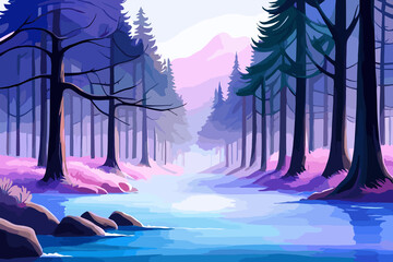 Winter landscape with river and pine tree forest, mountains in the background, Vector illustration, generative ai