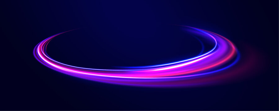 Neon light effect on a winding street. Speed light streaks vector background with blurred fast moving light effect, blue purple colors on black.