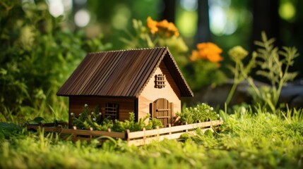 Fototapeta na wymiar Miniature wooden house set in a natural garden scene.