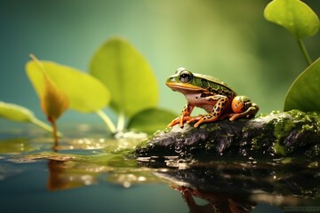 a frog on a leaf in lake. Generative AI