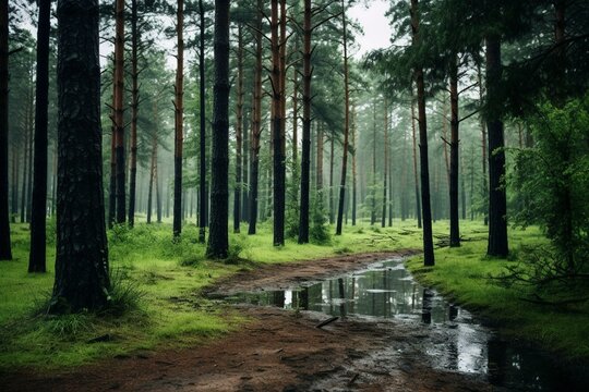 Rainy pine forest with lush trees. Generative AI