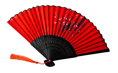 Traditional Japanese red fan, isolated on white or transparent background.