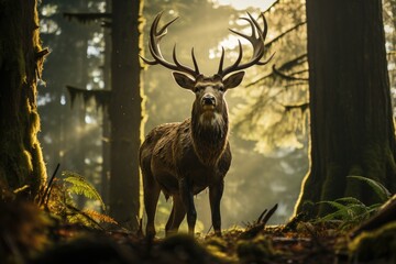 A deer with large branched antlers standing in a beautiful green forest.