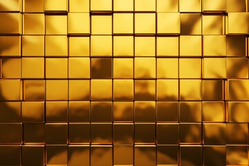 Elegant tiles form a dazzling gold wall with a glossy, block-patterned background. The 3D render adds depth and sophistication. Generative AI