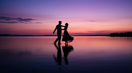 Photo of Silhouette of a Couple Dancing on a Lake at Sunset, purple sky with water reflection, an unforgettable moment for two 