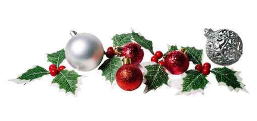 Christmas Holly Leaves and balls ornament, isolated on white or transparent background.