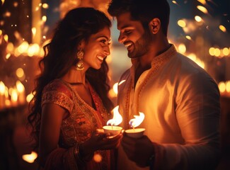 Obraz na płótnie Canvas Couples celebrate in happy Diwali with Traditional Diya lamps lit during the Diwali celebration.