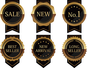 高級感のあるリボン付きエンブレム6種セット　ブラック＆ゴールド