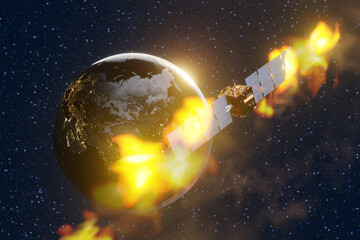 Satellite orbiting the planet Earth in the starry outer space is on fire. Illustration of the concept of damaged or retired space stations and space debris © Dragon Claws