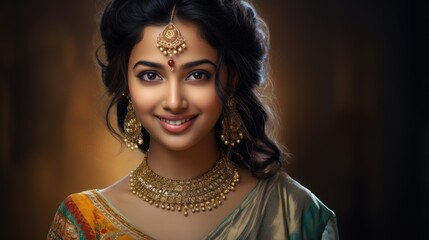 Portrait of a beautiful Indian girl in traditional costume with Kundan jewelry. in happy Diwali - obrazy, fototapety, plakaty