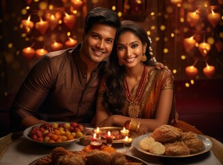 Couples celebrate in happy Diwali with Traditional Diya lamps lit during the Diwali celebration.