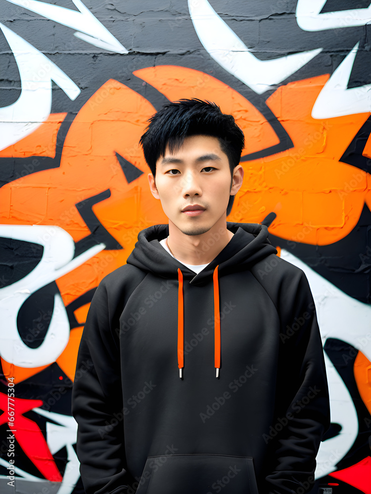 Wall mural Asian man in black and orange hoodie