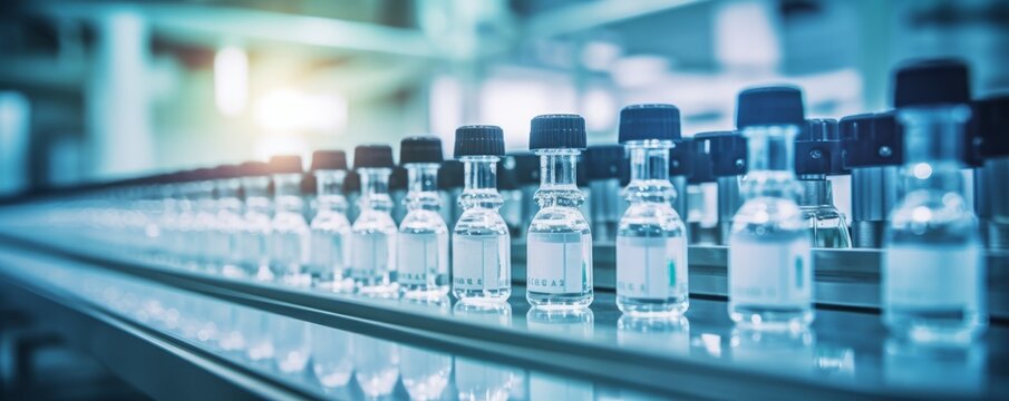 Quality checking Medical vials on production line at pharmaceutical factory,blue and green bottle pharmacy, Quality control for tube