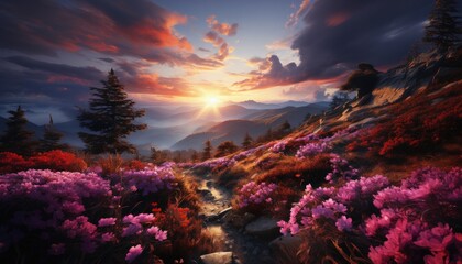 A painting showing a sunset over a mountain path covered with beautiful pink flowers.
