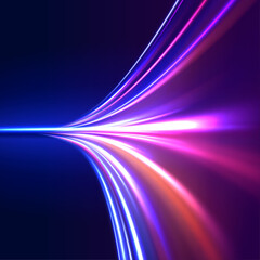 Trendy geometric neon collage for speed movement. Cyberpunk light trails in motion or light slow shutter effect. Light motion trails.	