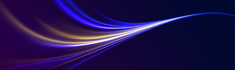 Light trail wave, fire path trace line, car lights, optic fiber and incandescence curve twirl. Vector illustration of high speed light effect on blue background.  - obrazy, fototapety, plakaty