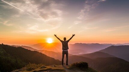 Positive man celebrating with arms raised up at Mountain landscape at sunset, Generative AI