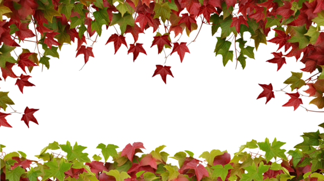 Red autumn vine (Virginia creeper, Boston ivy, grapevine) frame foliage border with space for text, isolated on a transparent background. PNG, cutout, or clipping path. - Powered by Adobe