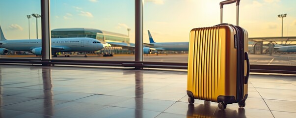 Suitcases in airport, background window, blur outside is runway, copy space, Generative AI