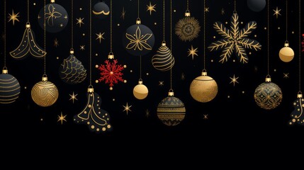 Christmas and New Year background with golden Christmas balls and snowflakes. - obrazy, fototapety, plakaty