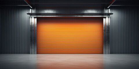 Roller door or roller shutter, concrete floor in industrial building i.e. modern factory, plant, warehouse, shop, garage or store. Include lighting at night. Nobody and empty space for background. - obrazy, fototapety, plakaty