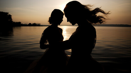 photo portrait of two women complicity during their wedding, a loving and intimate moment outdoors after their wedding ceremony, romance in shadow at sunset, two women loving and kissing - obrazy, fototapety, plakaty