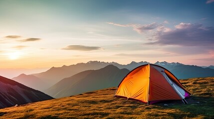 tent at Mountain landscape at sunset, Generative AI
