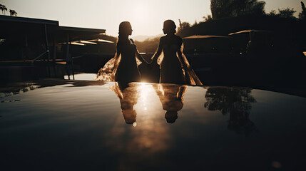 Two Women United in Matrimony, love story between modern and tradition, festive moment at sunset in white wedding dress