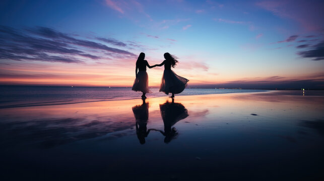 two brides holding hands walking on the beach at sunset, silhouette of women in love with a magnificent sky in the background and reflection of the water