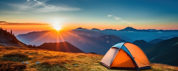 tent at Mountain landscape at sunset, Generative AI